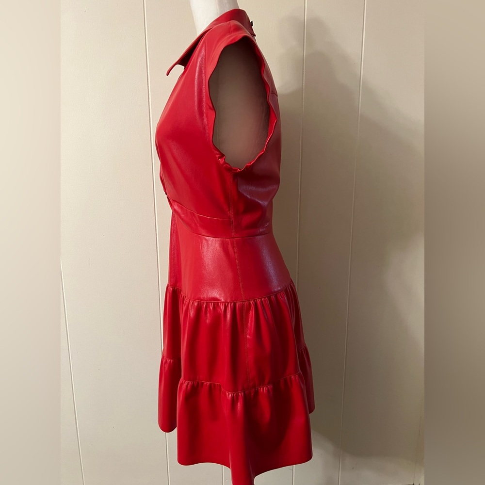 ALICE + OLIVIA Mila red Vegan Leather Deep V Twist-Front Mini Dress 10 - Picture 12 of 16